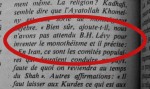 Détail de la publication où l'on lit les propos de Kadhafi : "Bien sûr, ajoute-t-il, nous n'avons pas attendu B. H. Lévy pour inventer le monothéisme"