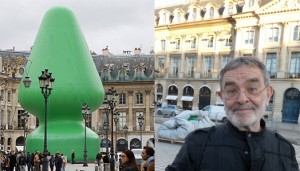 Place Vendôme, Paris. A gauche, "Tree" de Paul McCarthy, oeuvre qui a été l'objet d'une controverse en raison de sa ressemblance à un sextoy. A droite, le 19 octobre 2014 : Arrabal avec l’oeuvre agressée de McCathy, dégonflée par des inconnus en lien avec le Printemps français, mouvement composé de militants identitaires et catholiques traditionalistes