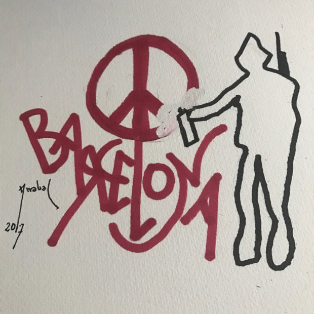 Arrabal, 17.VIII.2017: La silueta de un terrorista con un «spray» borrando el símbolo de la paz.