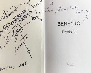 Dédicace de Antonio Beneyto à Fernando Arrabal, sur son livre à venir : «Postismo».