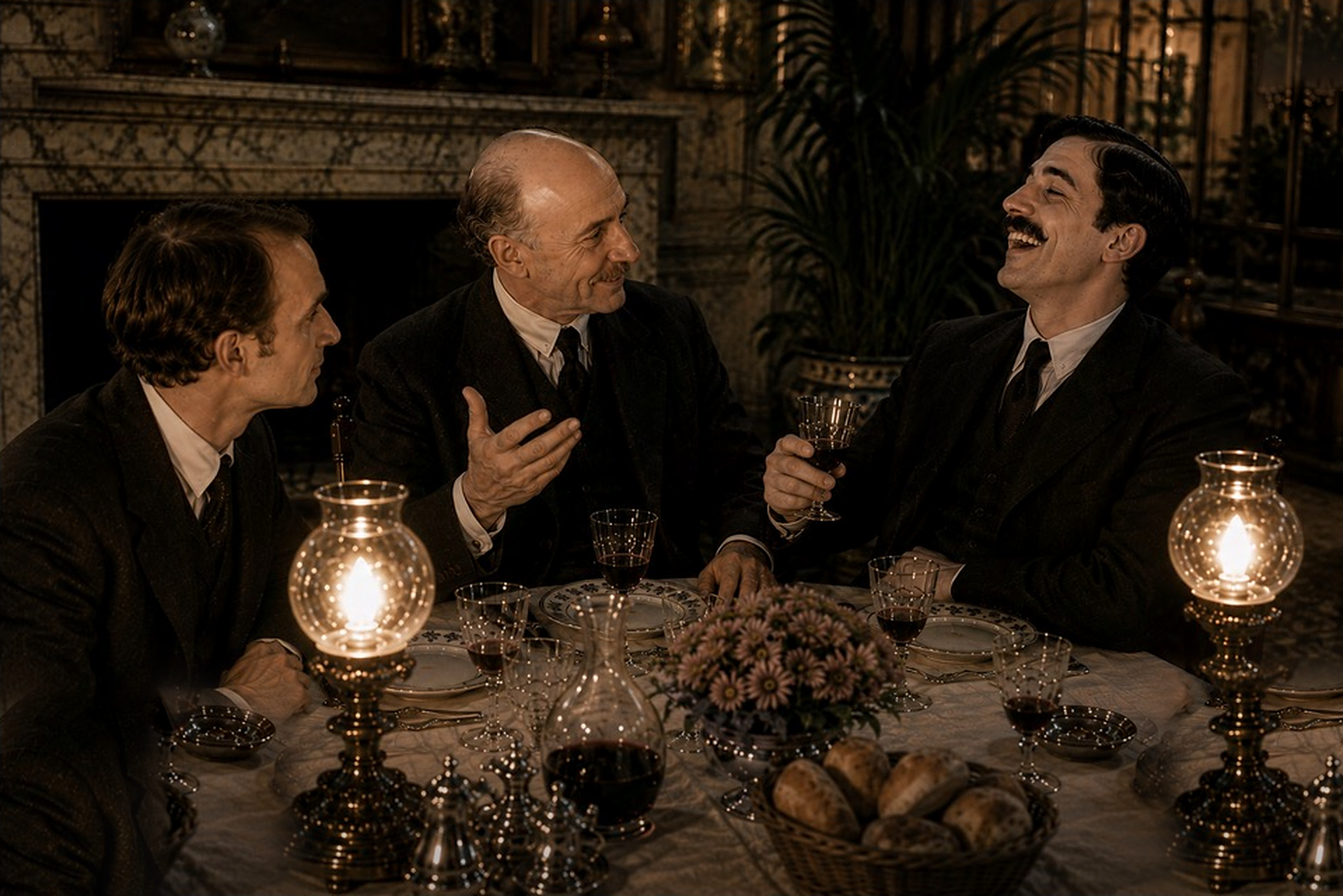 Image représentant, attablés, Henri Bergson, entre Fernand Gregh et Marcel Proust.