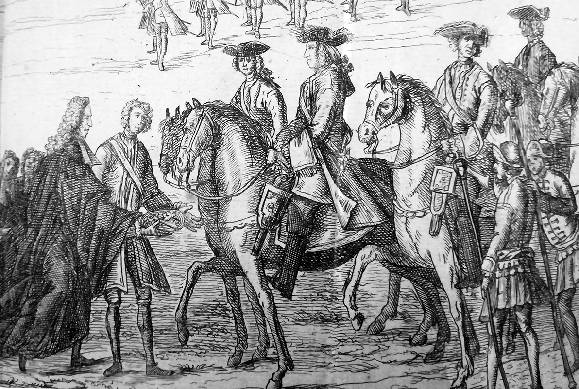 Dessin représentant le roi Louis XV accueilli à la Porte de France par le premier échevin de Metz, Pierre Simon.