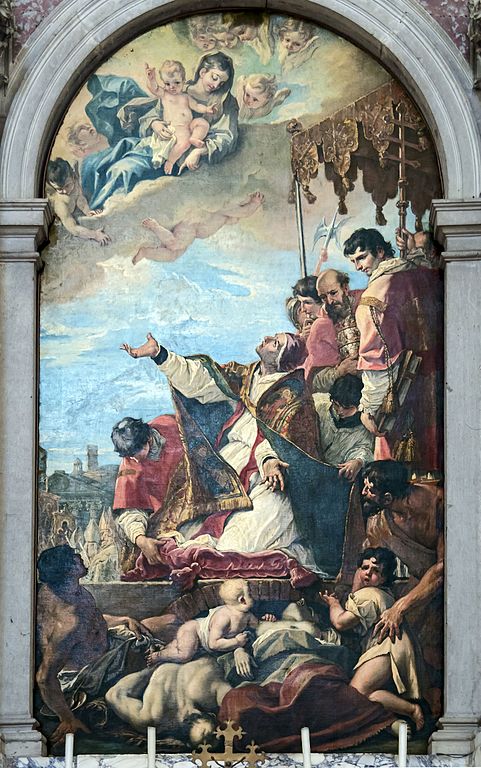 Sebastiano Ricci, Le pape saint Grégoire Ier invoque la Vierge pour la fin de la peste à Rome, 1700, Padoue, basilique Santa Giustina.