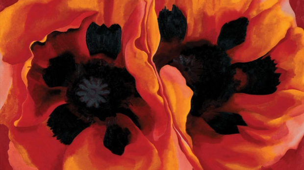 Une peinture de Georgia O'Keeffe représentant des fleurs rouges et noires.