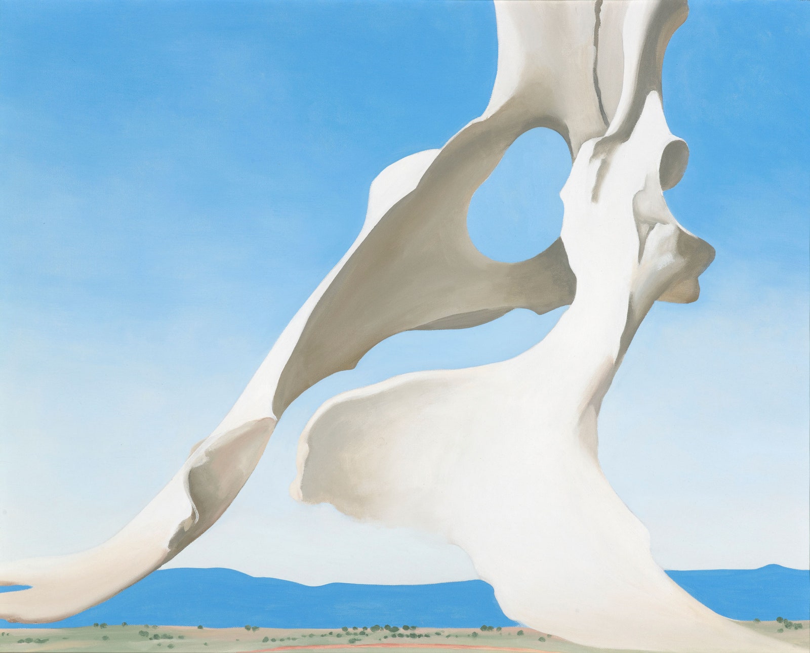 Une peinture Georgia O’Keeffe représentant un pelvis sous un ciel bleu