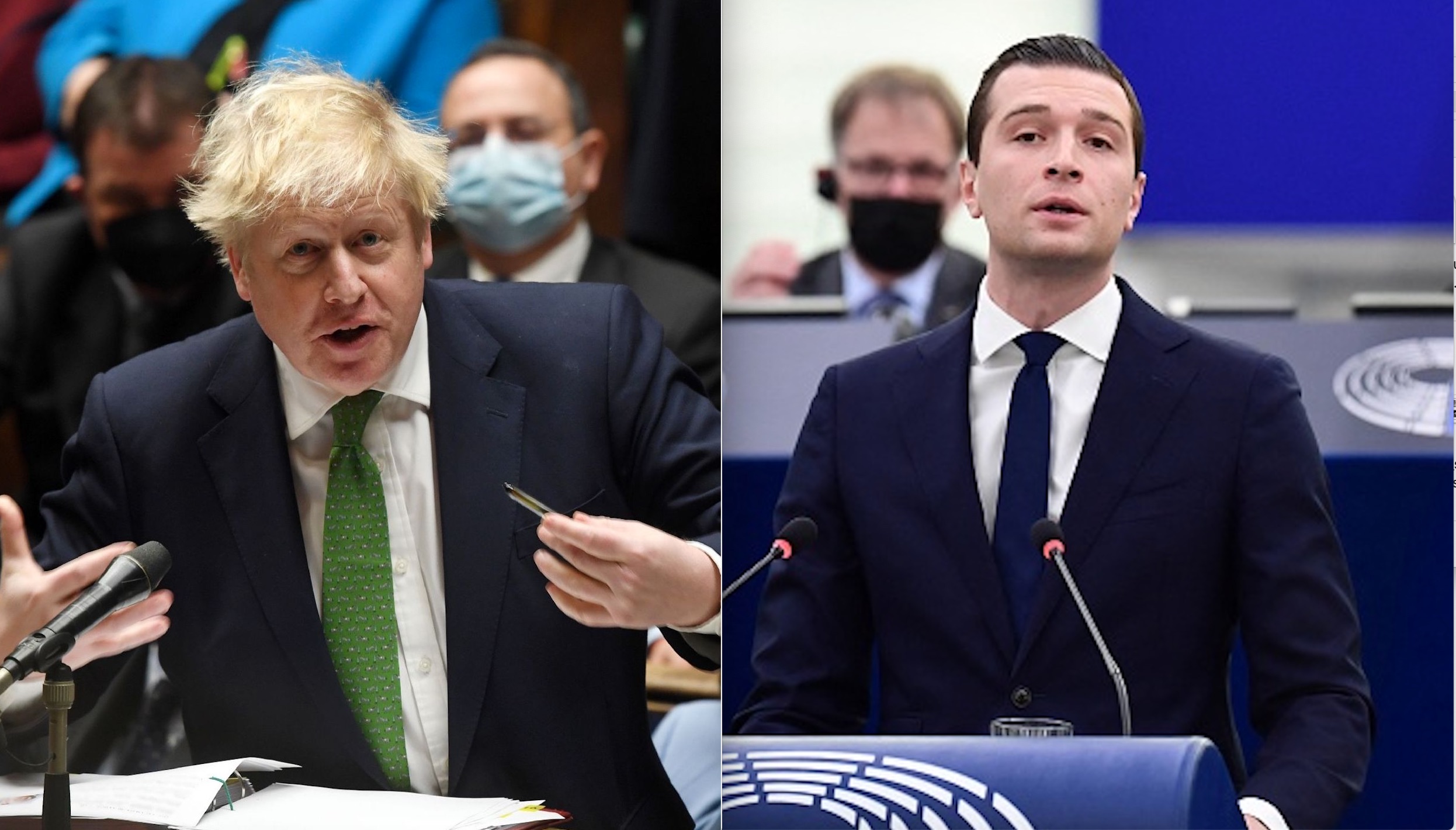 Portraits du Premier ministre britannique Boris Johnson au parlement anglais (à gauche) et de l’eurodéputé du Rassemblement national Jordan Bardella au Parlement Européen à Strasbourg (à droite).