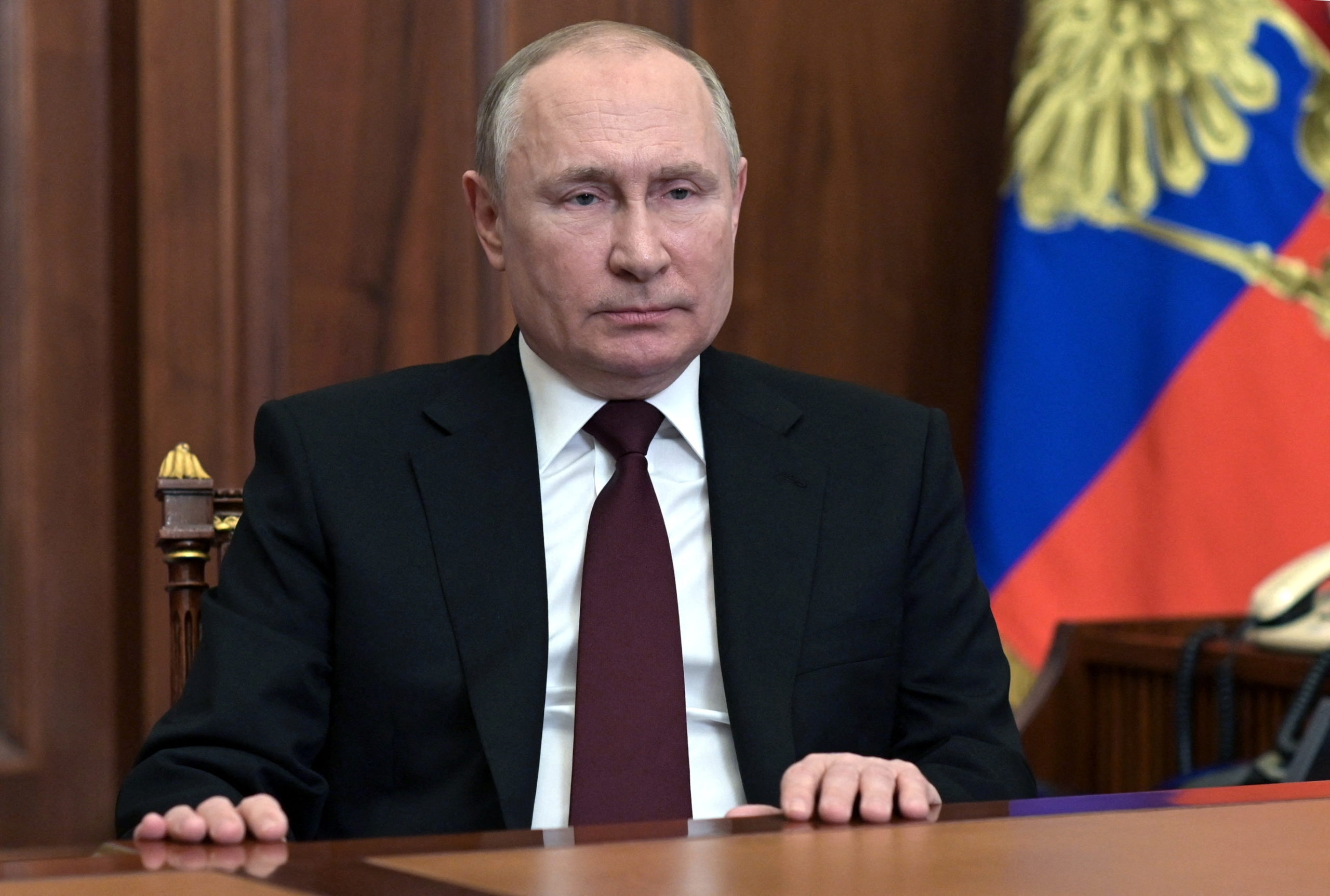Vladimir Poutine lors de son allocution télévisée le 21 février 2022.