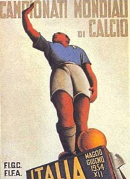 Représentation d'un footballeur faisant le salut fasciste dans les affiches de la Coupe du monde de football 1934 dans l'Italie de Mussolini