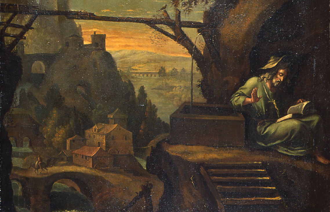 Au premier plan à droite, devant une cavité creusée dans un rocher, un ermite assis, adossé au bassin d'une fontaine, feuillette un livre ouvert sur ses genoux.