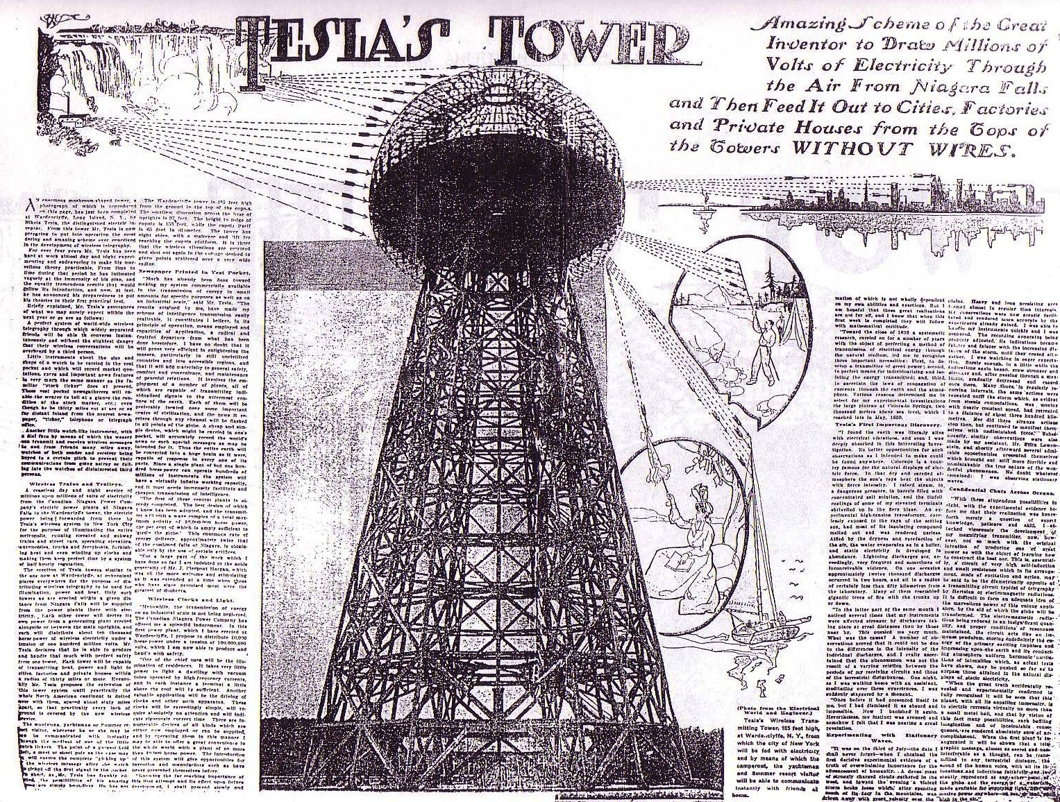 La tour Tesla : Nikola Tesla imagine des récepteurs légers, sous forme d'ombrelle ou de dispositif portatif (New York American, 22 mai 1904).