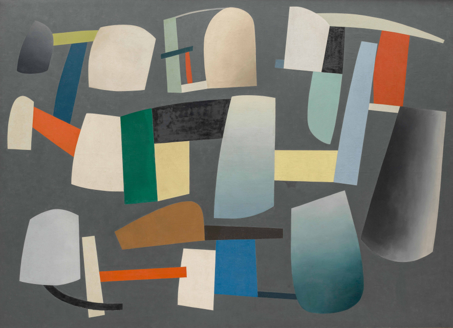 Tableau de Jean Hélion représentant une composition abstraite dans les tons gris, jaune, orange, bleu, vert et noir.