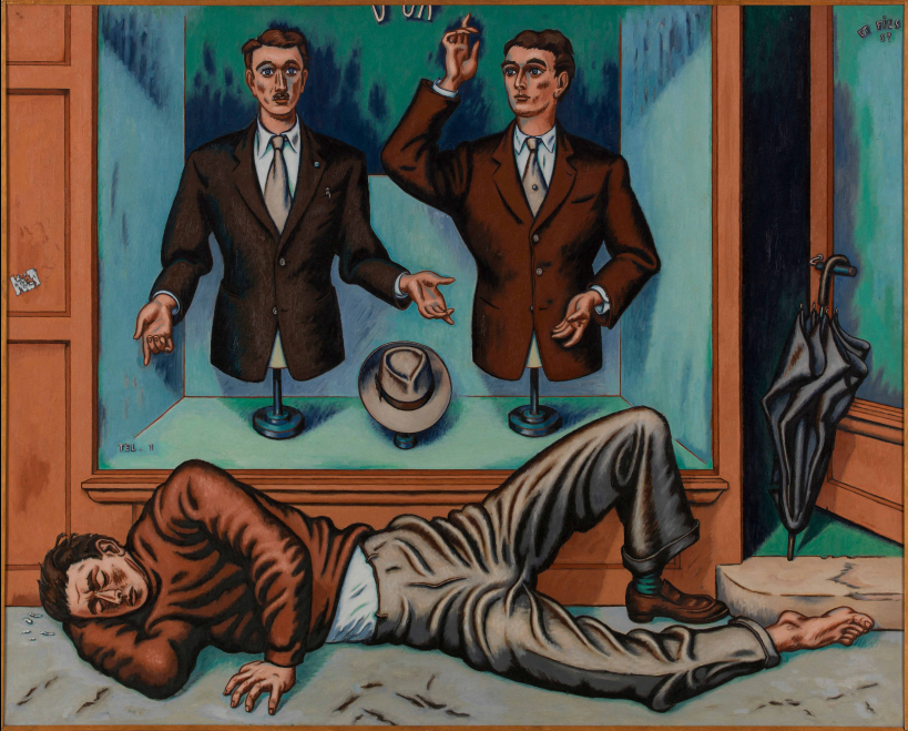 Tableau coloré de Jean Hélion, où est représenté une vitrine avec des mannequins masculins, face à un homme endormi et déchaussé.