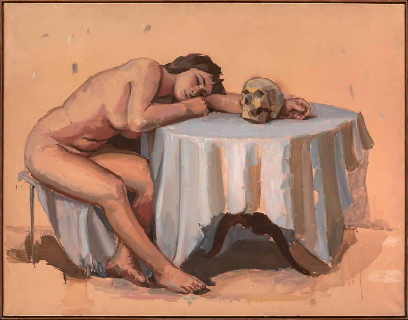 La jeune fille et le mort. Un tableau peint en 1957 et représentant une femme nue endormie sur une table, à côté d'un crâne.
