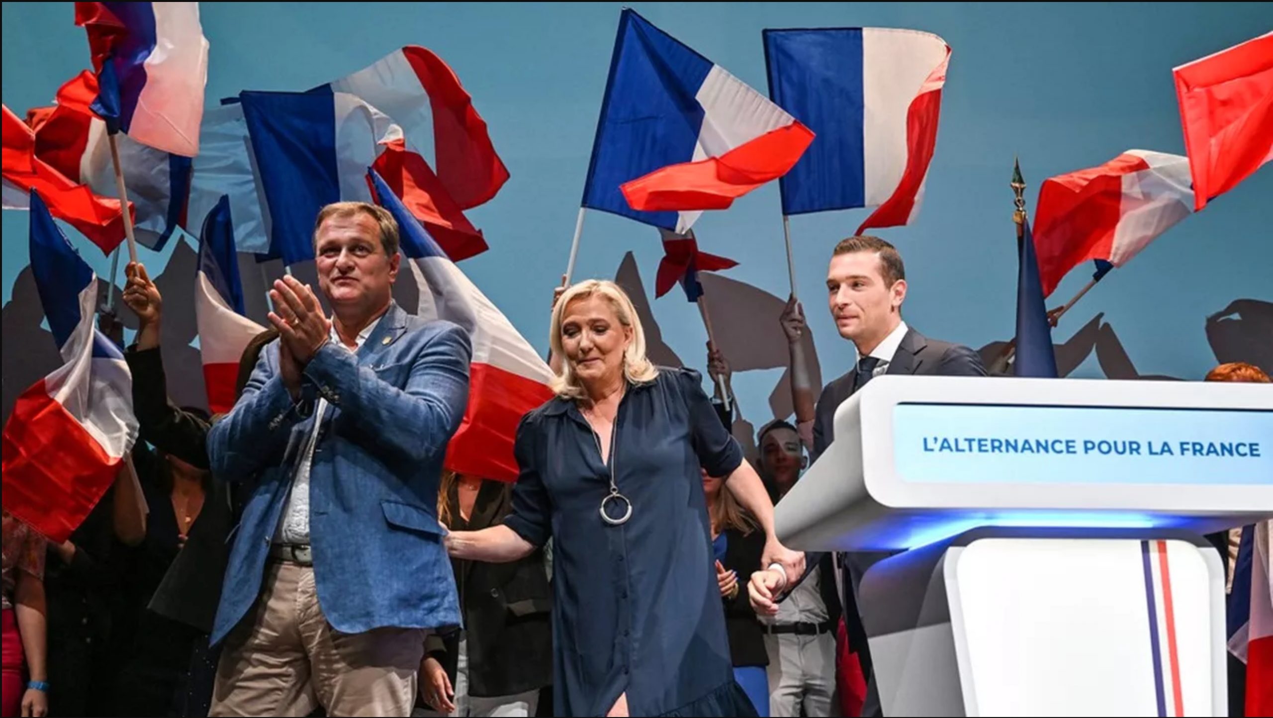 Louis Aliot, Marine Le Pen et Jordan Bardella.