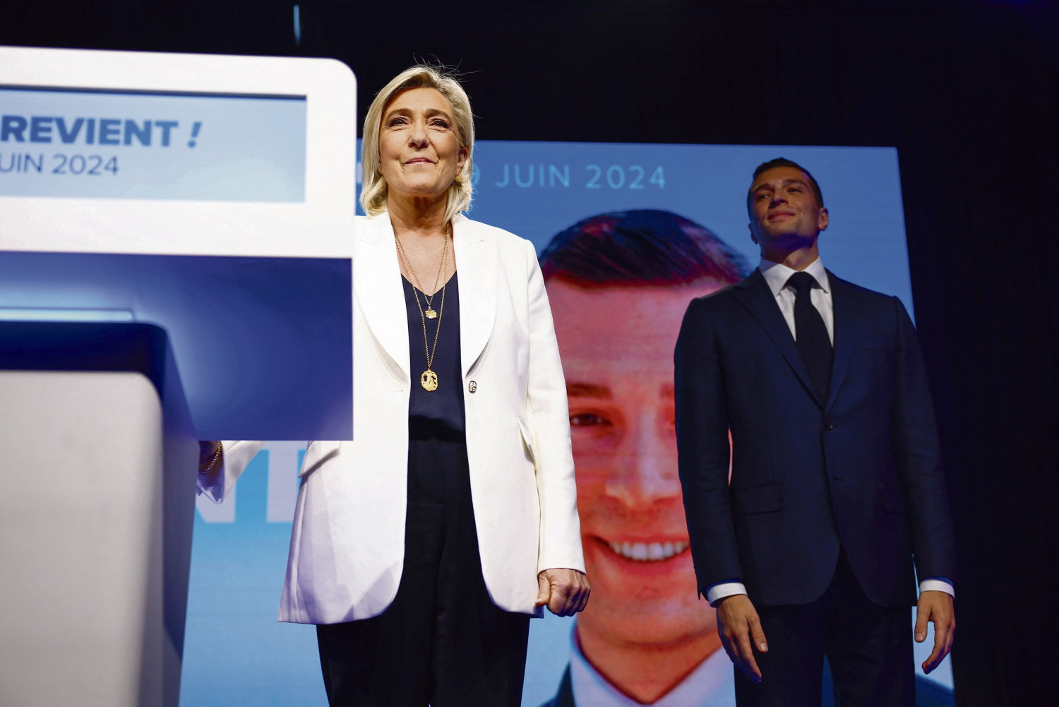 Jordan Bardella et Marine Le Pen, à l'annonce des résultats le 9 juin 2024, à Paris.