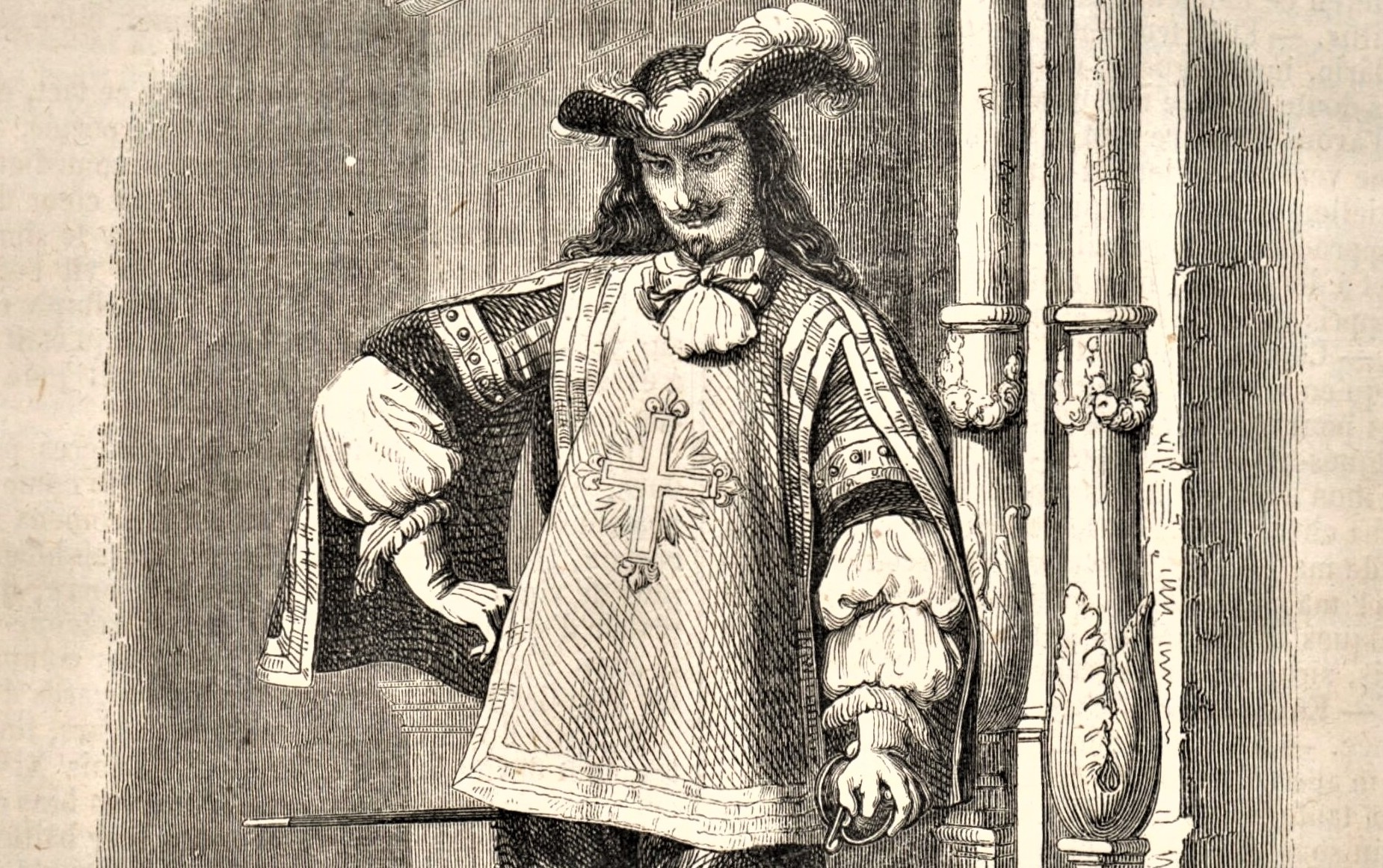 Détail d'une gravure, en noir et blanc, du Mousquetaire D'Artagnan,
