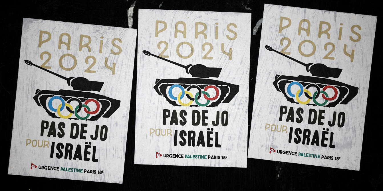 Dans le 18e arrondissement de Paris, en juillet 2024, le collectif Urgence Palestine a placardé des affiches appelant au retrait de la délégation israélienne des Jeux Olympiques.