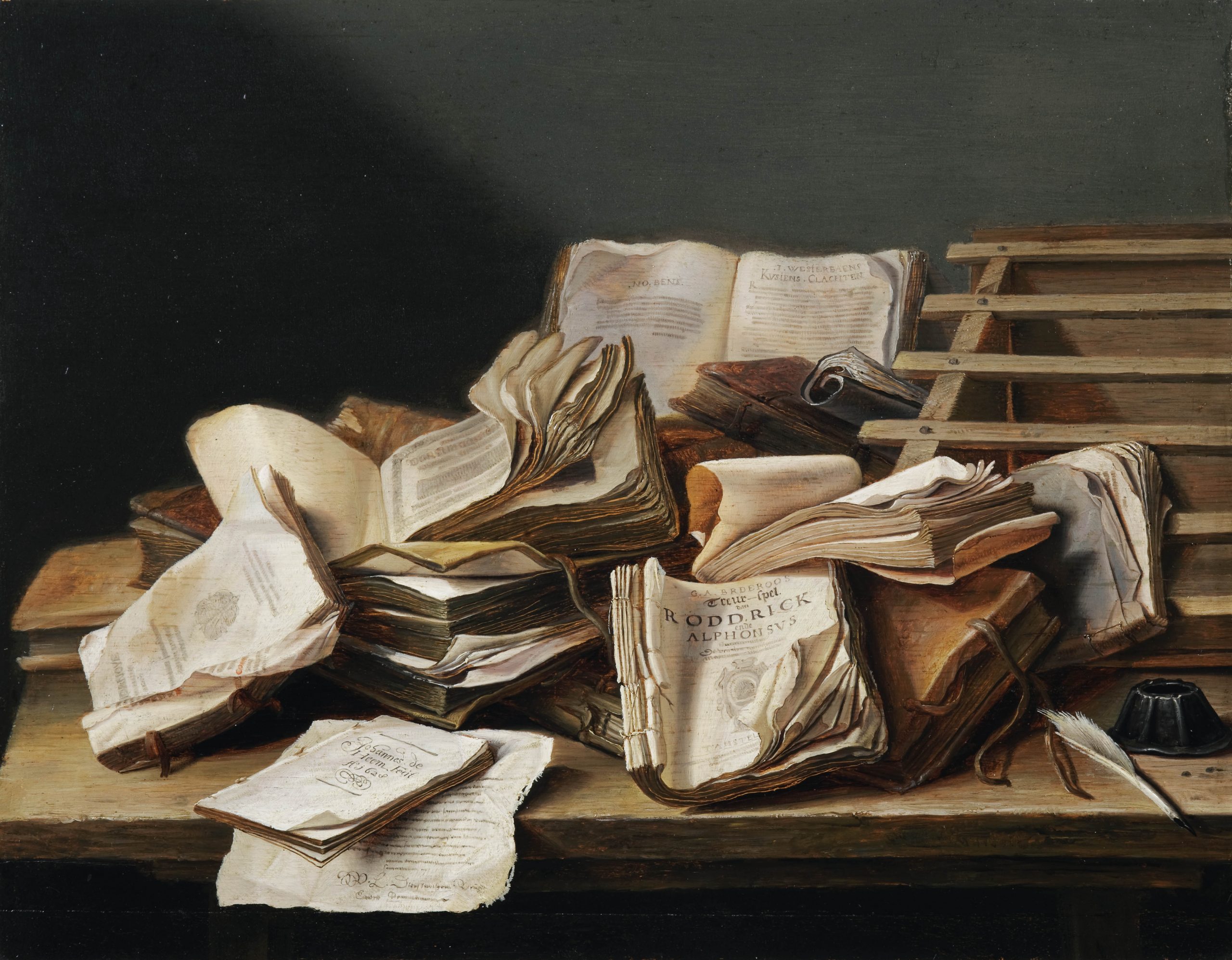 Nature morte aux livres. Un tableau de l'école hollandaise.