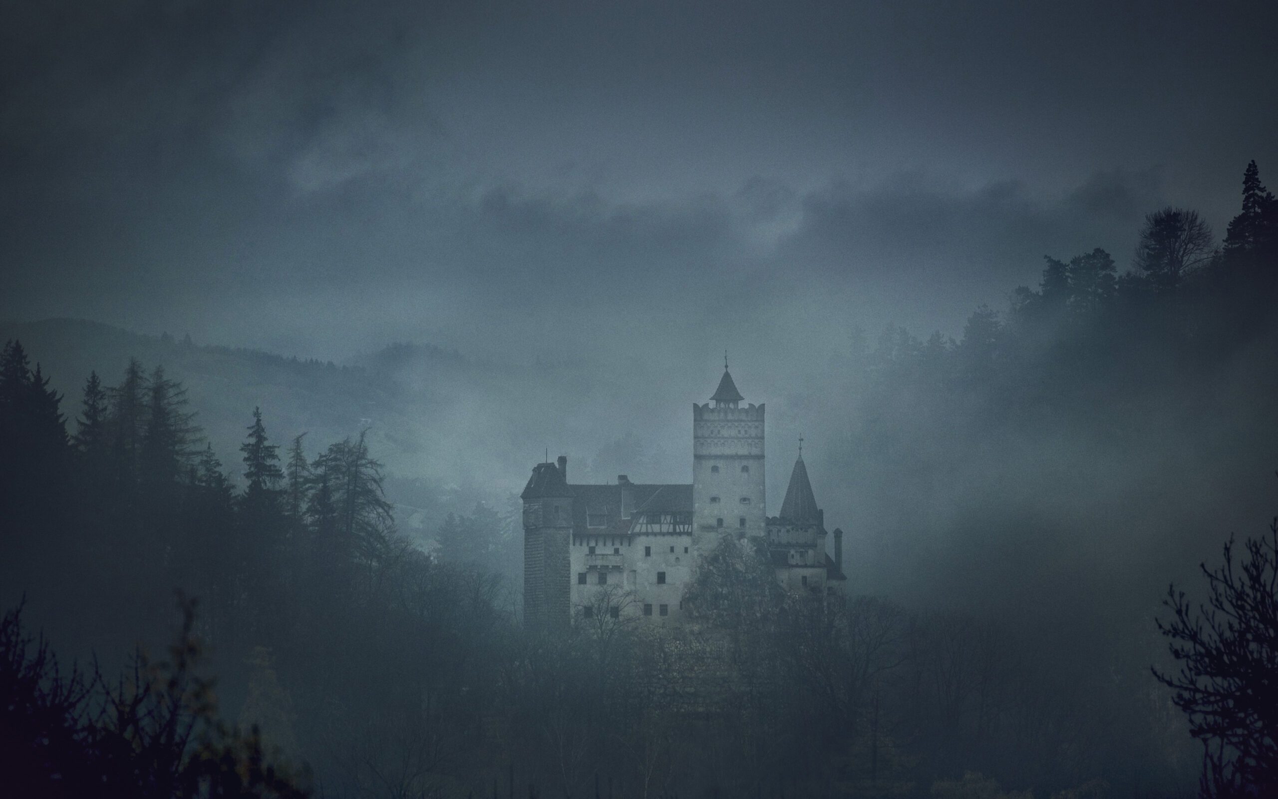 Photo en couleurs du château de Bran en Roumanie. L'édifice est isolé au milieu de la forêt, dans une atmosphère sombre et brumeuse.