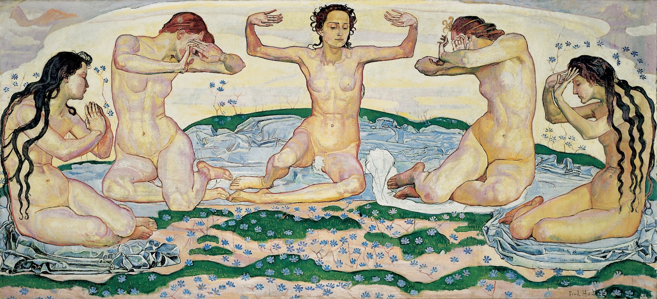 La toile «Le Jour» de Ferdinand Hodler représente cinq femmes nues qui semblent accueillir le jour dans une sorte de danse rituelle.