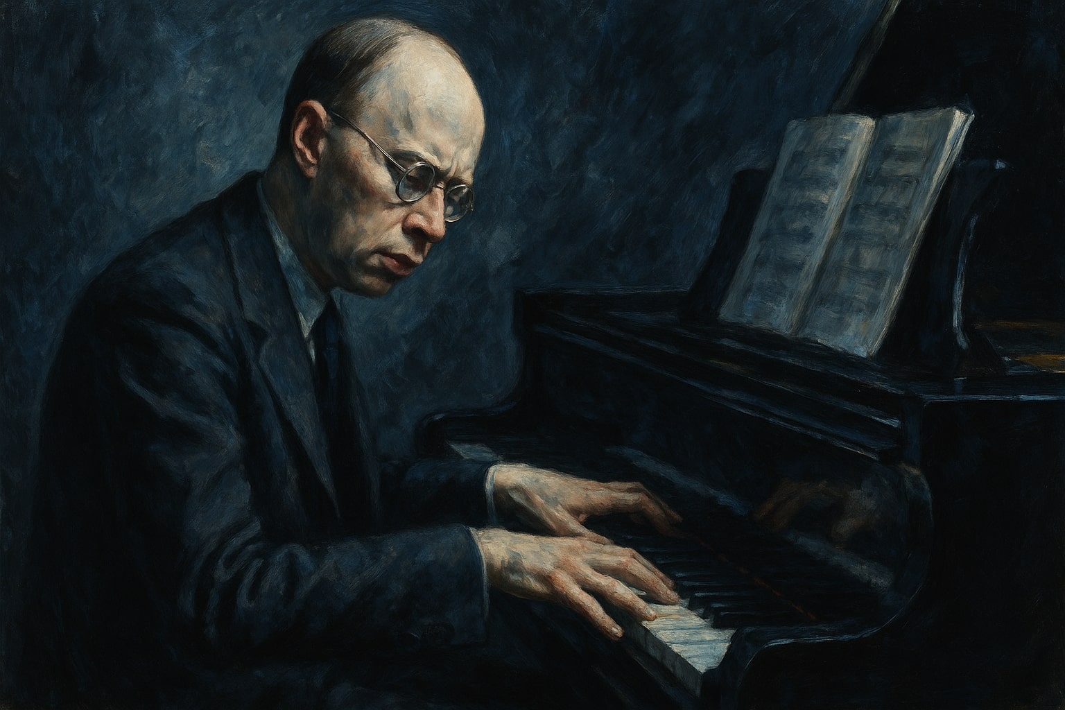 Peinture représentant le compositeur russe Sergueï Prokofiev en train de jouer du piano.