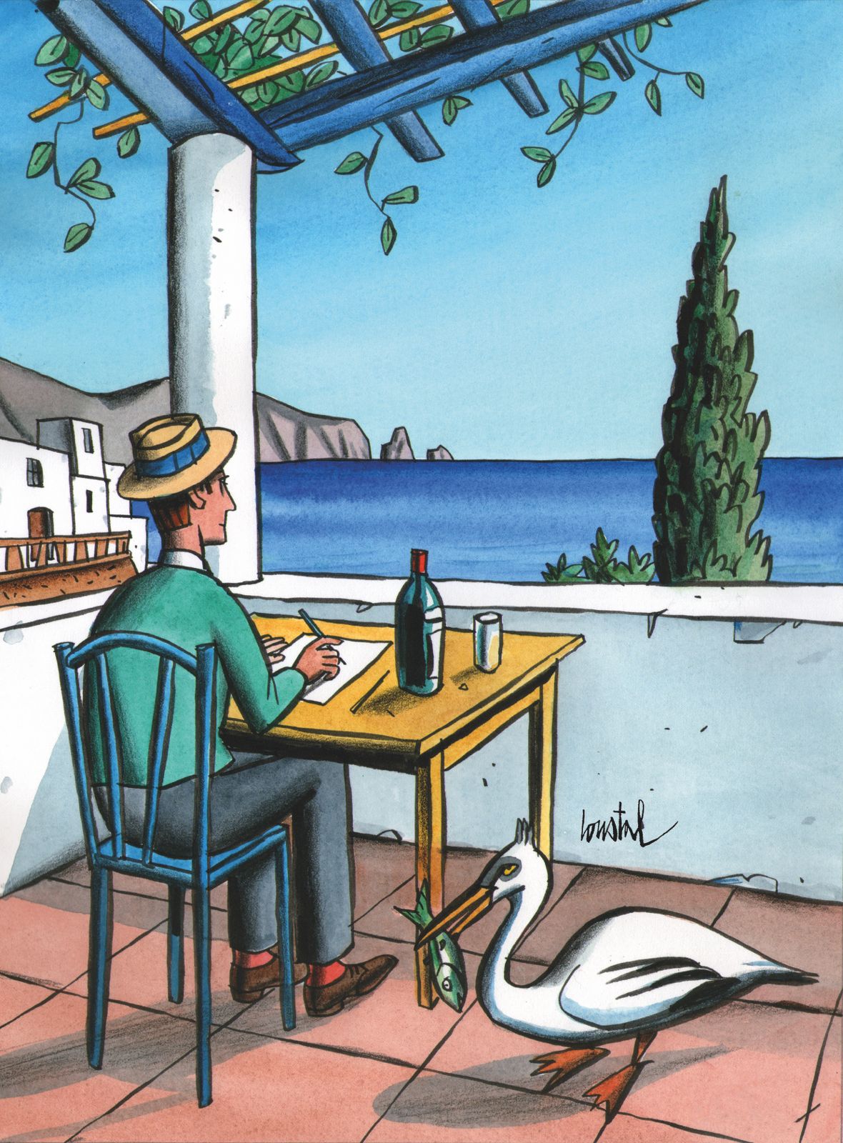 Dans ce dessin de Jacques de Loustal, nous voyons un homme écrire face à la mer