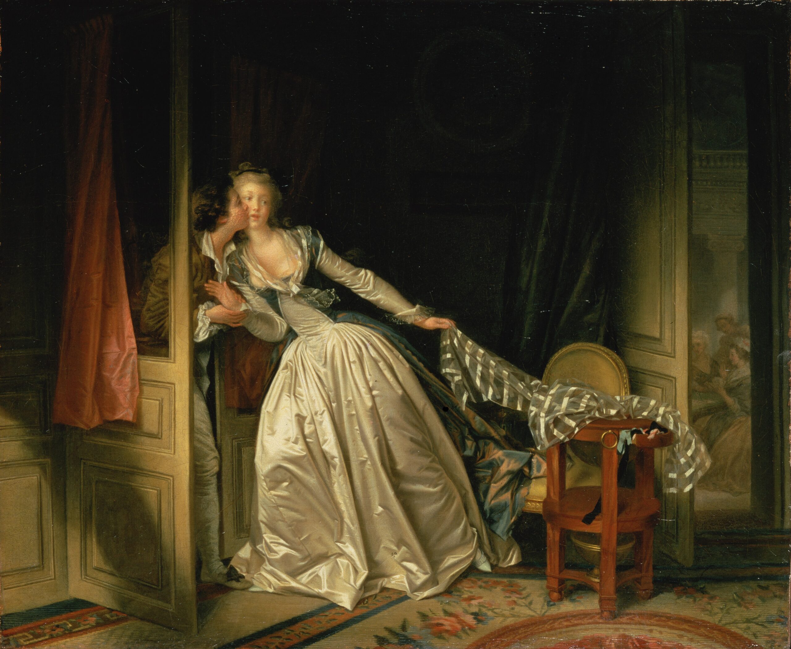 Le peinture "Le Baiser à la dérobée" de Jean-Honoré Fragonard représente un jeune homme qui embrasse à la dérobée une jeune fille venue prendre un châle dans un boudoir.