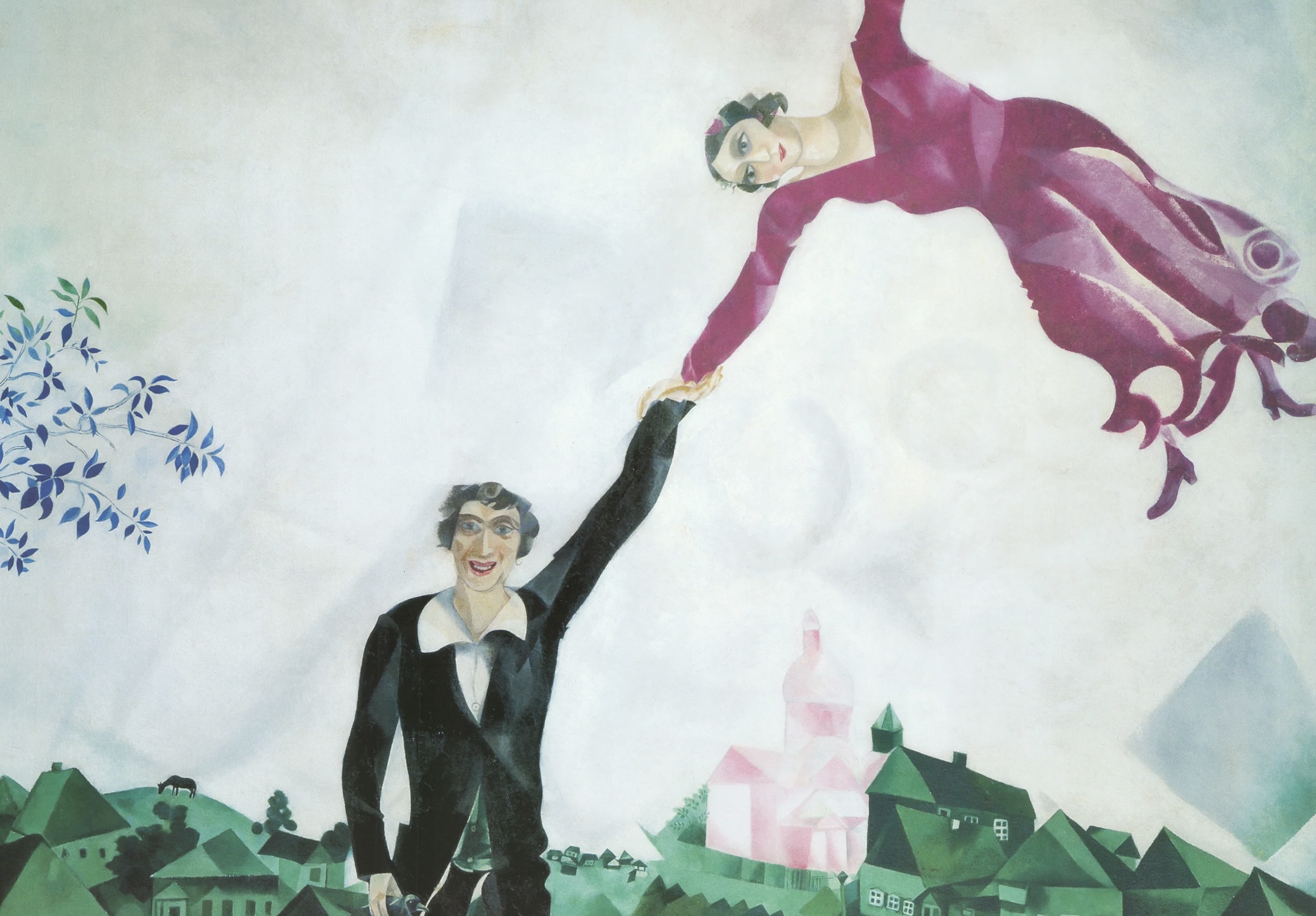 « Promenade », peinture réalisée par Marc Chagall en 1917, montre un homme tenant la main d’une femme qui s’élève dans les airs. À l’arrière-plan se dessine la ville de Vitebsk, le tout dans un style mêlant cubisme et fauvisme caractéristique du peintre.