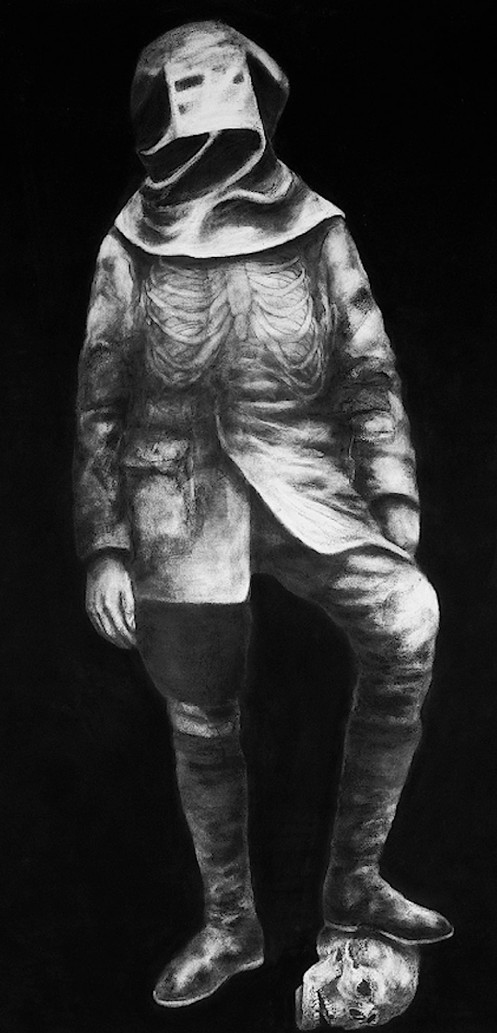 Œuvre de Marko Velk, on voit un homme cagoulé marcher sur un crâne