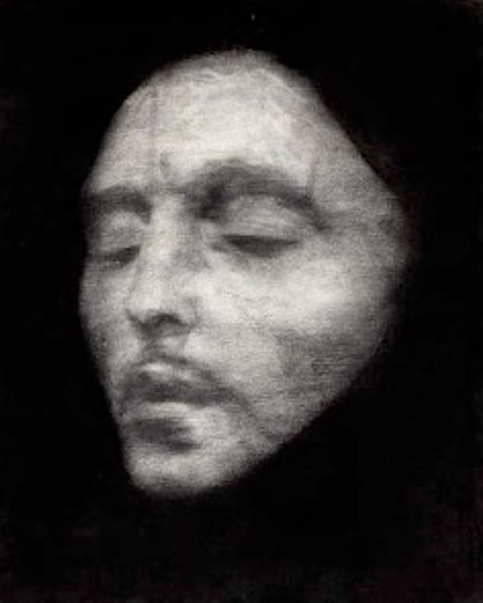 Œuvre de Marko Velk, dessin d'un visage aux yeux fermés en noir et blanc