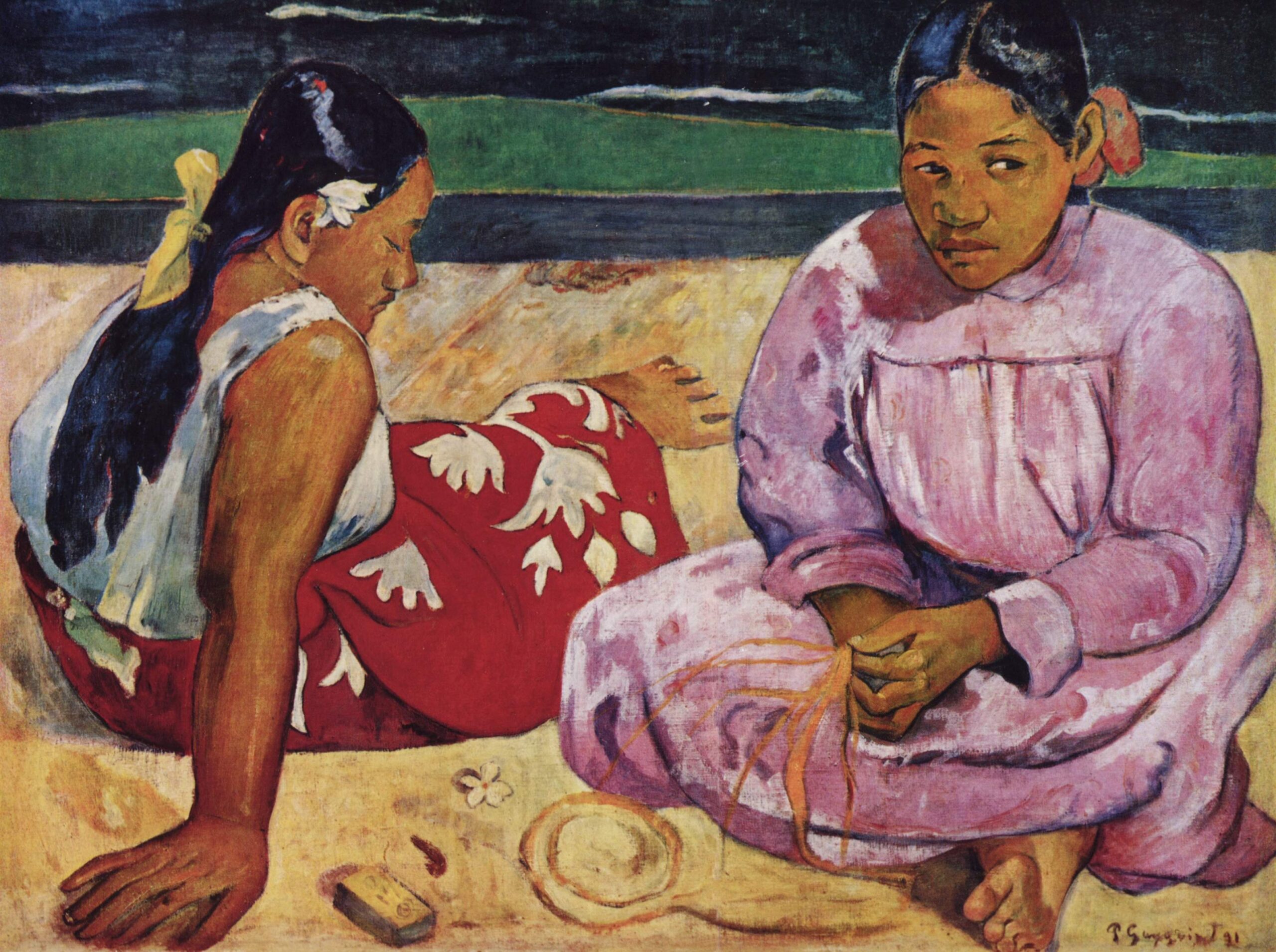 « Femmes de Tahiti », huile sur toile du peintre français Paul Gauguin, 1891. Ce tableau représente deux Tahitiennes sur une plage.