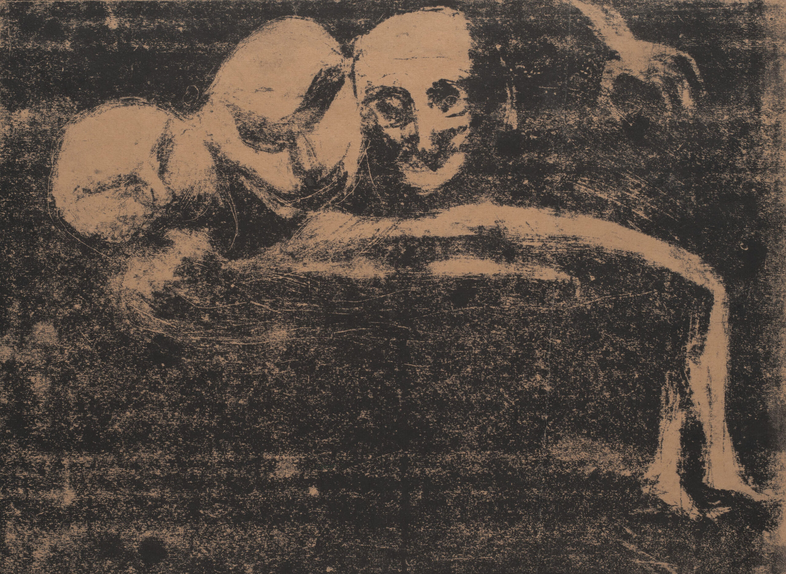 Lithographie d’Edvard Munch intitulée « Désir » : trois visages se penchent sur le corps d’une femme allongée, sur un fond noir profond.