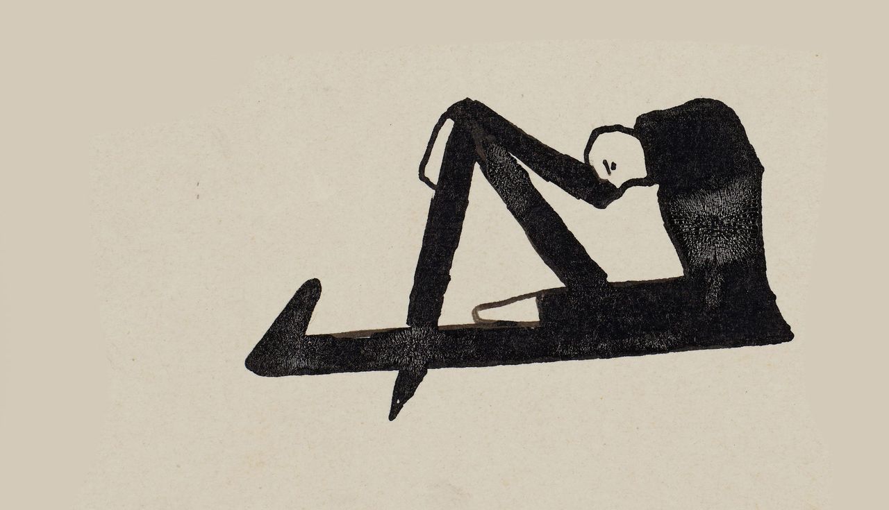 Croquis à l'encre noir de Franz Kafka, représentant un assis qui baisse la tête.