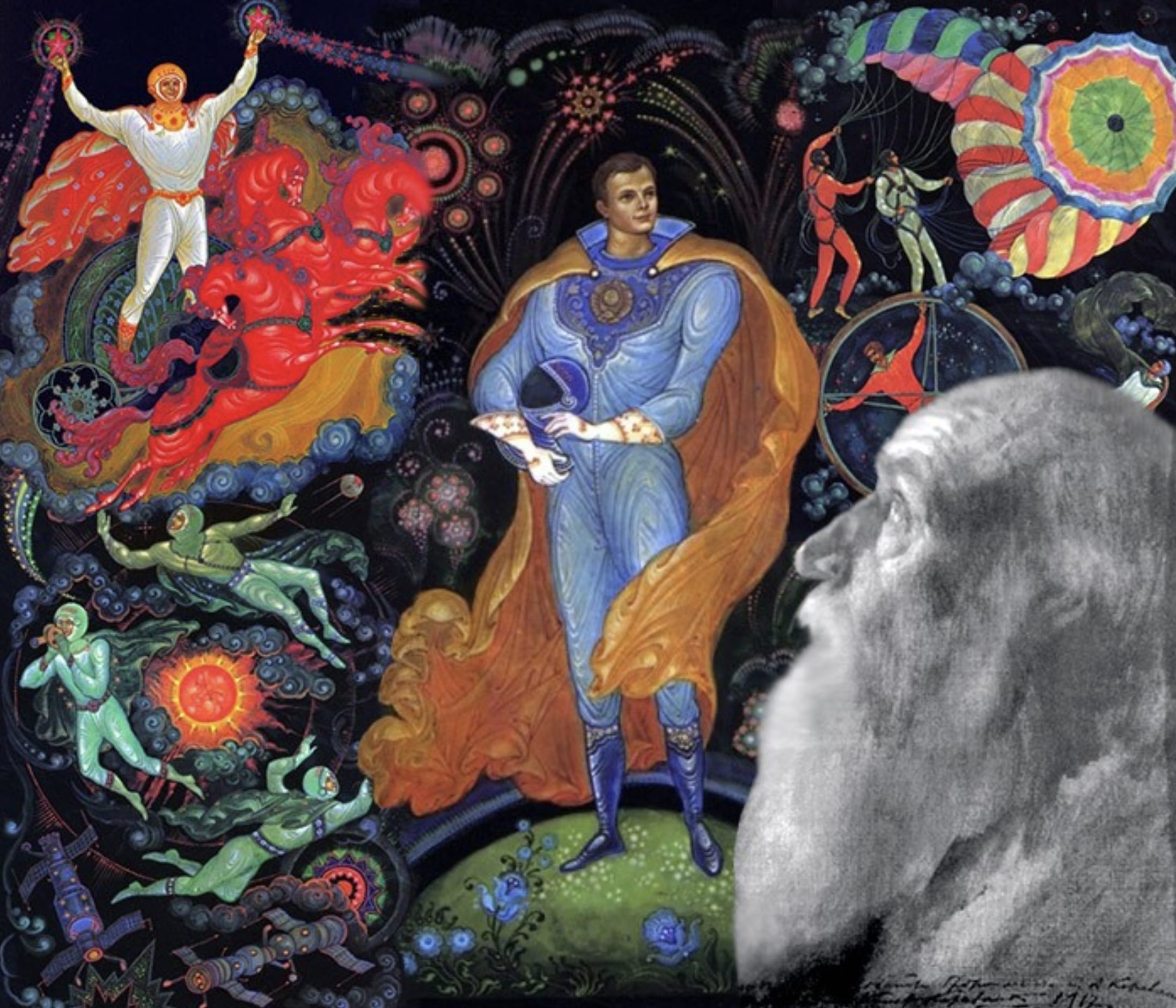 Portrait de Nikolaï Fyodorov (en bas à droite) sur une miniature de Palekh peinte par Boris et Kaleria Kukuliev, inspirée du cosmisme russe, avec des éléments colorés qui évoquent l'espace.