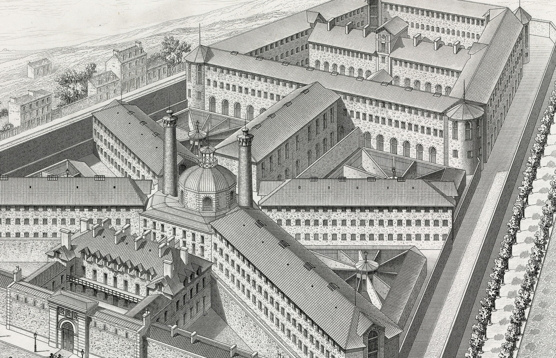 Gravure de la prison de la Santé à paris, vue de haut.