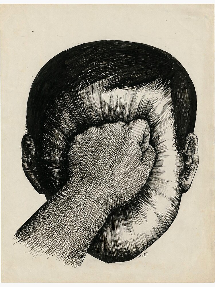 « Sans la plaque », dessin de Roland Topor où l'on voit un poing écraser un visage.