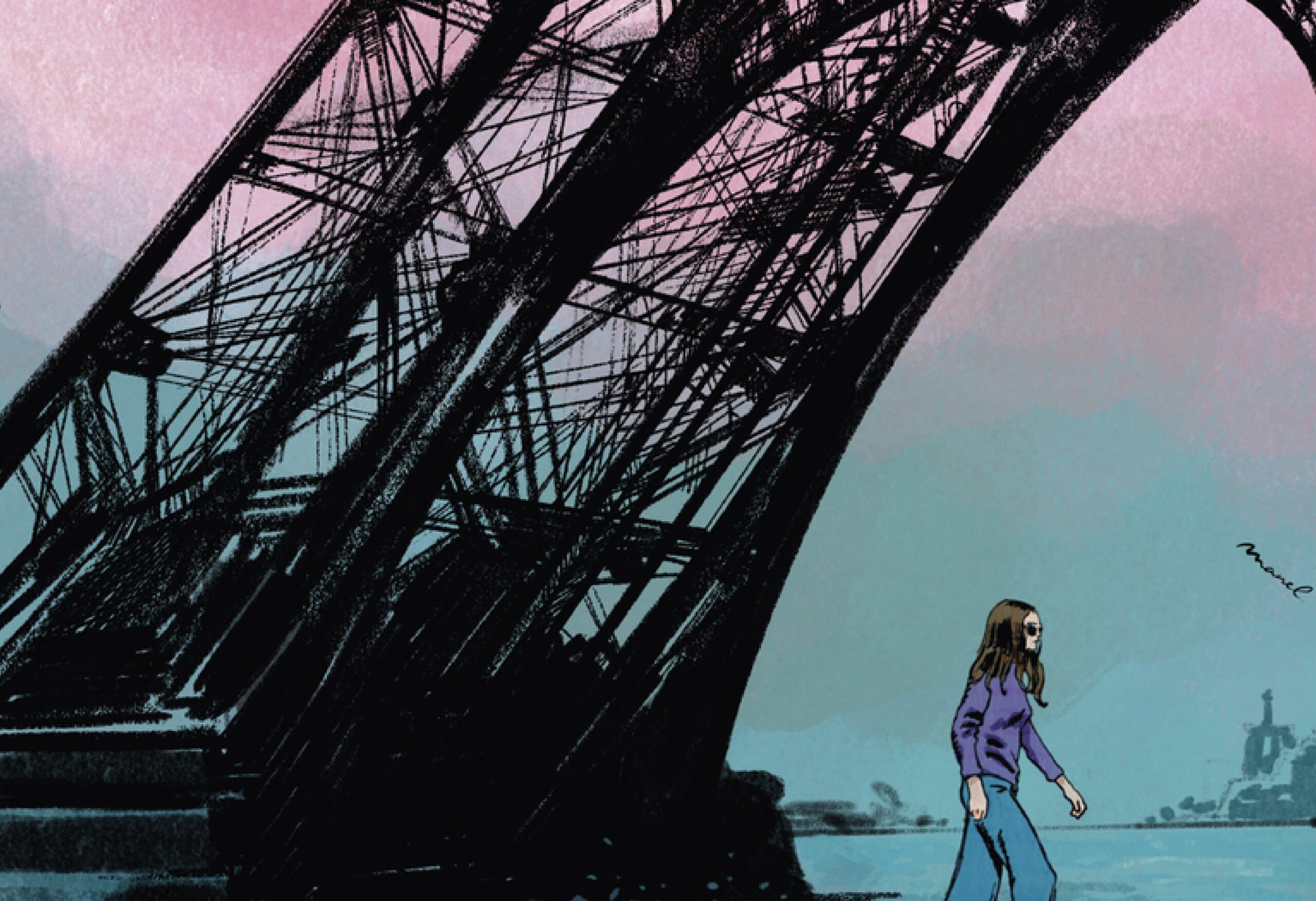 Détail de la couverture de «Du côté de Paris», texte et dessin de Stéphane Manel, on voit une femme marcher sur un pilier de la Tour Eiffel.
