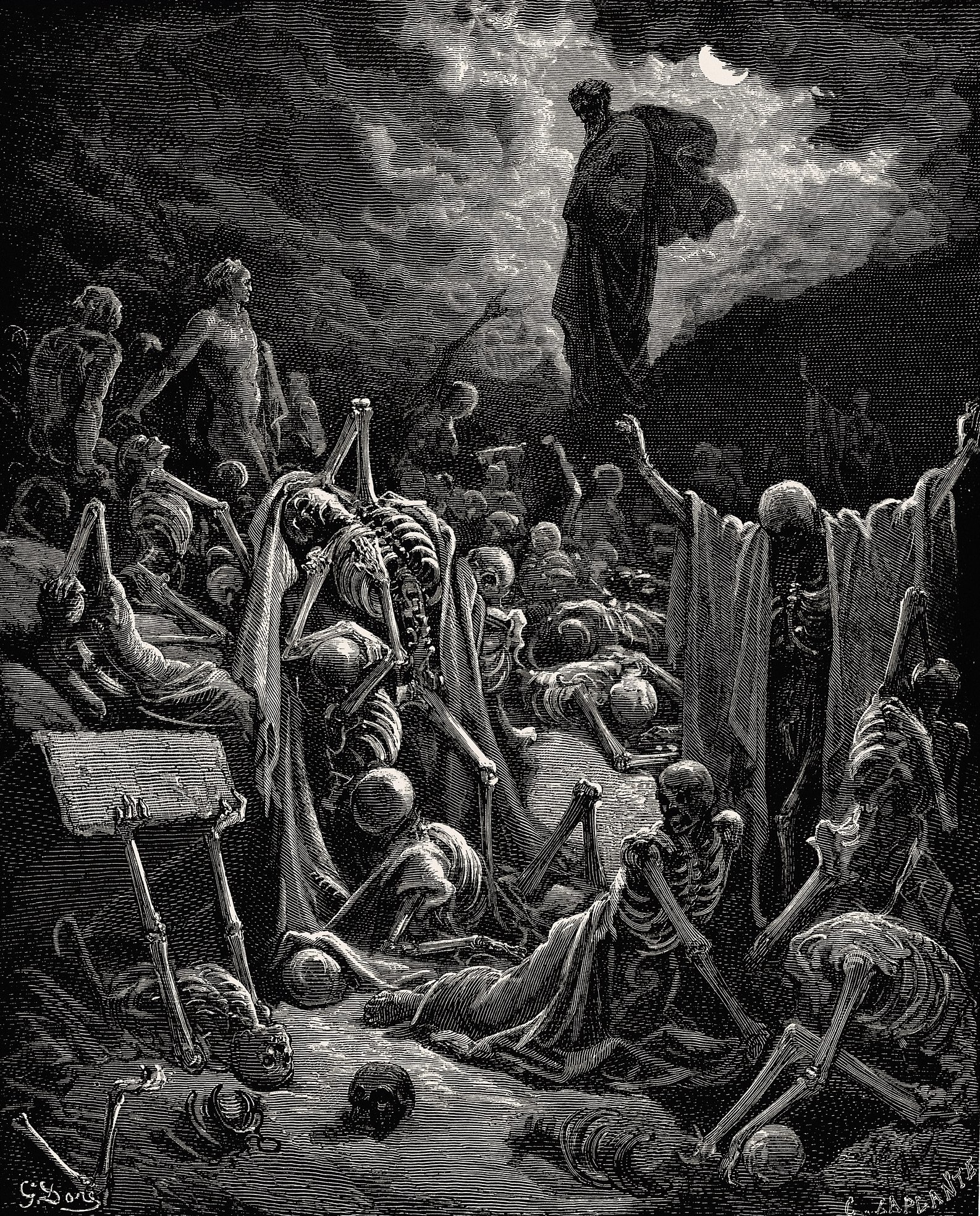 Dans la Bible, au VIe siècle avant notre ère, à Babylone, le prophète Ézéchiel contemple une vallée d’ossements desséchés et de squelettes, symboles d’une désolation totale, tandis que Dieu lui demande : « Ces os pourront-ils revivre ? ». Illustration de la vision d’Ézéchiel par Gustave Doré.