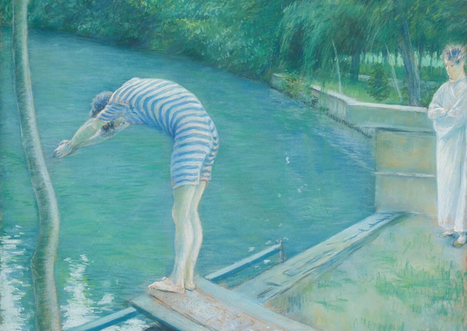 Gustave Caillebotte, « Le Nageur », pastel sur papier, Musée d’Orsay, Paris. On voit un jeune homme avec un maillot de bain raillé qui s'apprête à plonger dans l'eau, un autre jeune homme à droite le regarde.