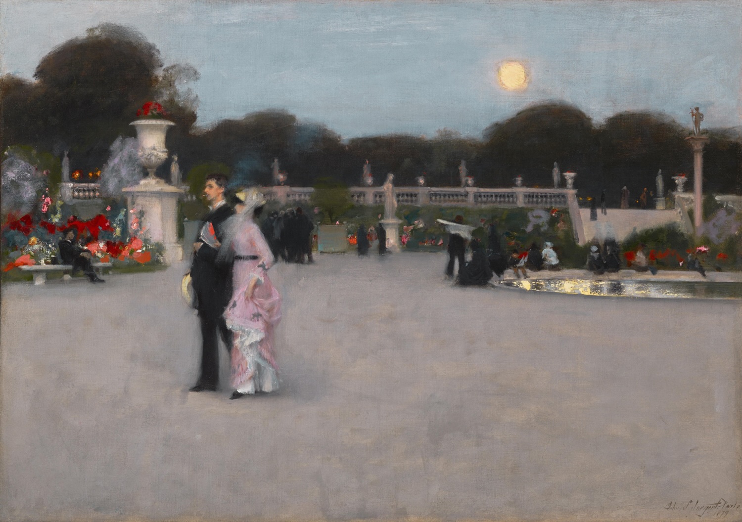 Toile de John Singer Sargent, où l'on voit un couple dans les jardins du Luxembourg au crépuscule.