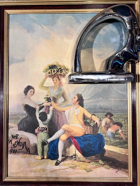 Peinture de Goya intitulée « La Vendimia », allégorie de l’automne : une scène familiale se déploie dans un paysage bucolique de vignes et de vendanges, rehaussée d’inscriptions ajoutées par Fernando Arrabal.