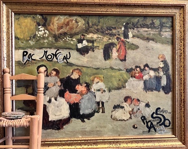 Tableau représentant des enfants au parc Monceau, agrémenté d’inscriptions ajoutées par Fernando Arrabal, dont le nom du parc, celui de Picasso et la signature d’Arrabal.