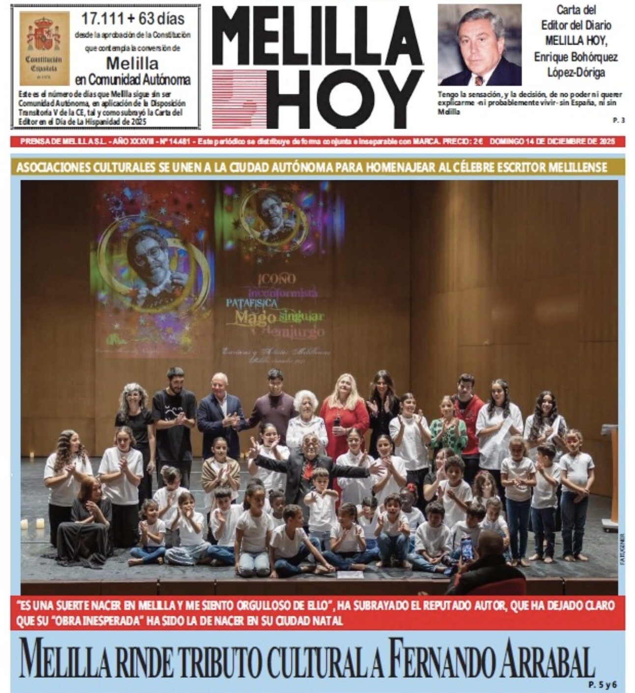 La Une du journal « Melilla Hoy » rend hommage à Fernando Arrabal.