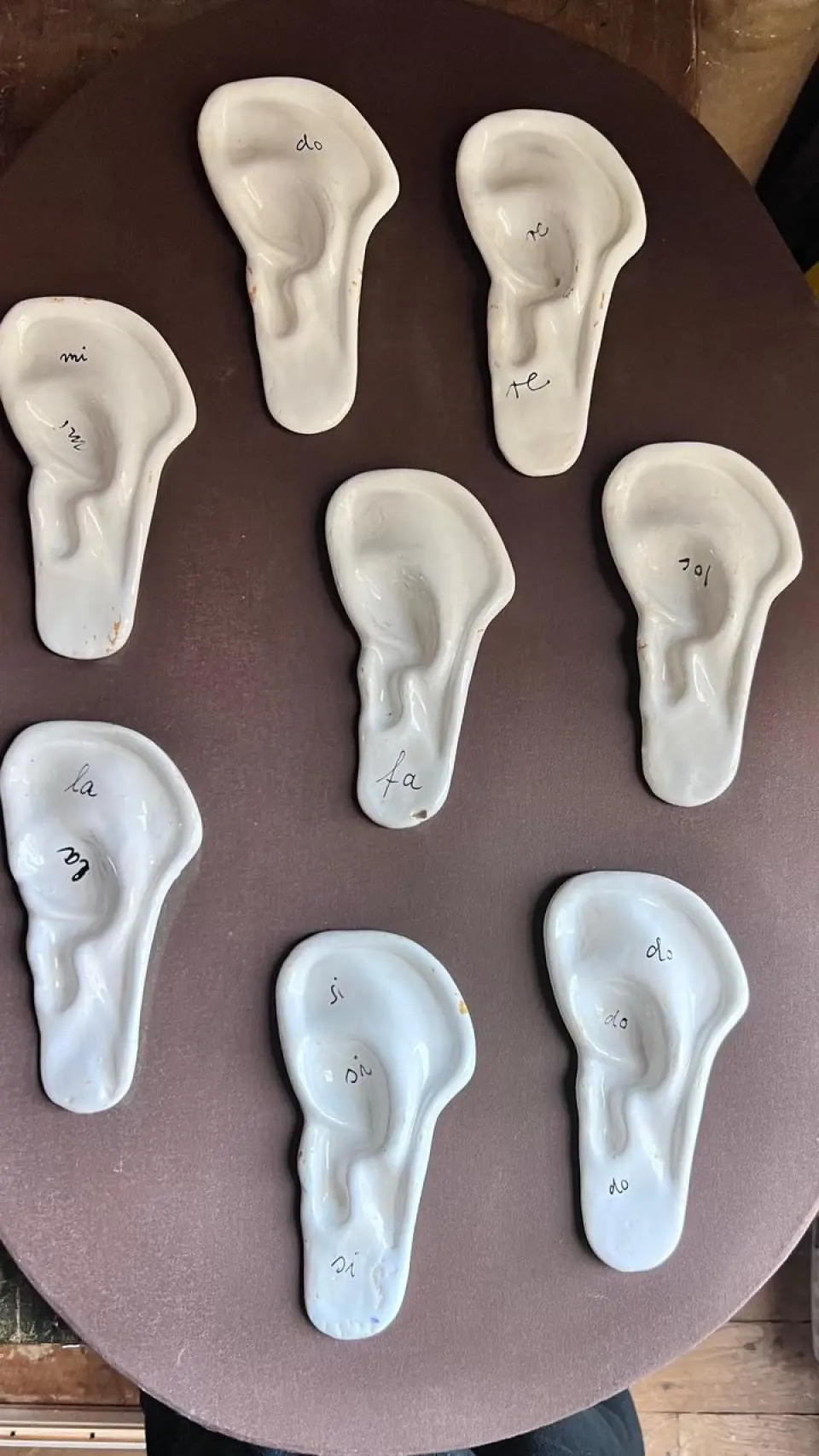 Huit Oreilles en céramique sur fond marron.