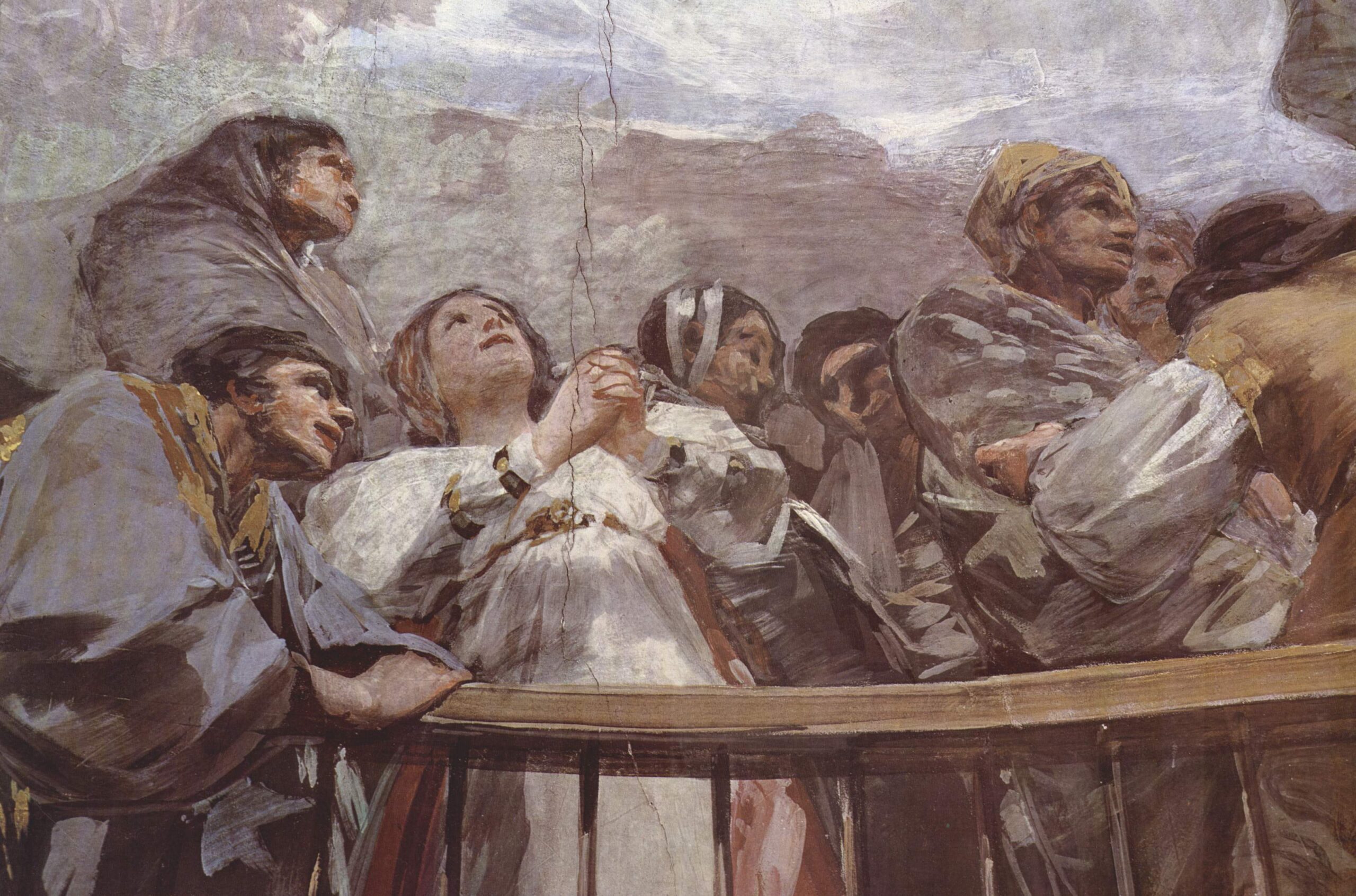 Francisco Goya, détail de la fresque de la chapelle San Antonio de la Florida à Madrid : on y voit des hommes et des femmes rassemblés le long d’une rambarde.