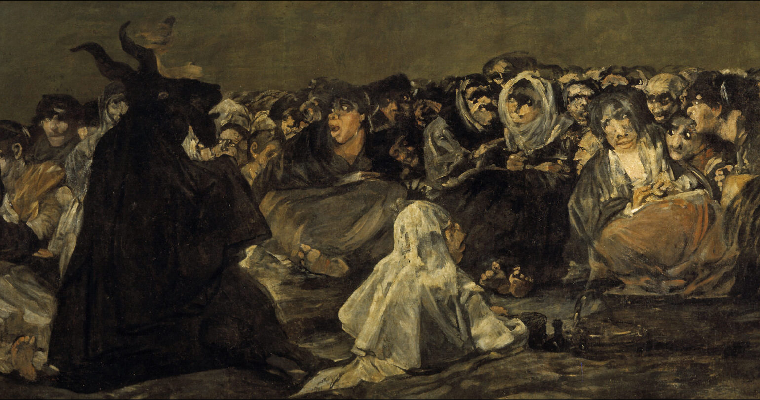 Le Sabbat des sorcières (ou Le Grand Bouc), peinture issue des Peintures noires de Goya : on y voit des hommes et des femmes assis en cercle, dans une atmosphère inquiétante, tournés vers une créature située à gauche, drapée de noir et dotée d’une tête de bouc.