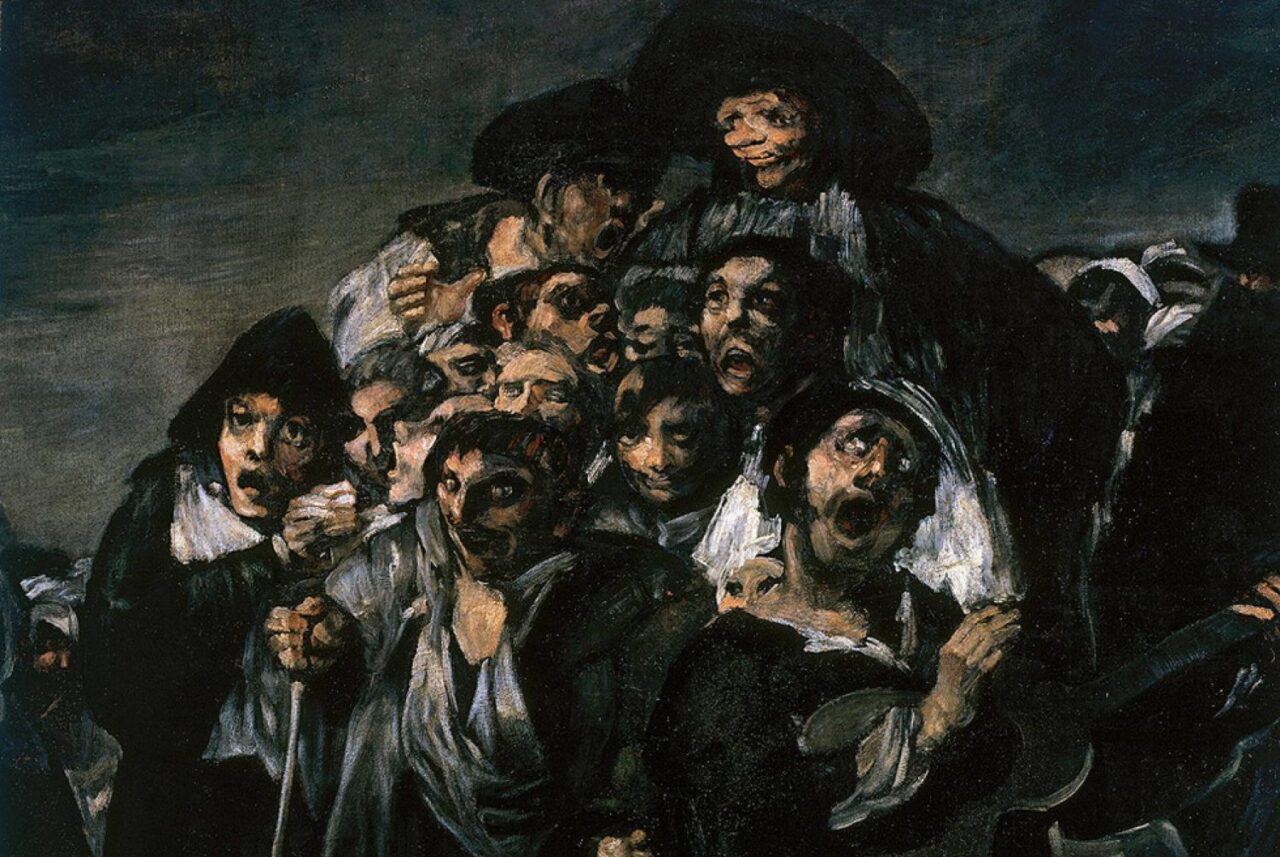 La Procession de Saint-Isidore (détail), peinture appartenant aux Peintures noires de Goya : on y distingue un groupe de personnages dont les visages expriment la peur ou la souffrance, baignés dans une atmosphère sombre et oppressante.