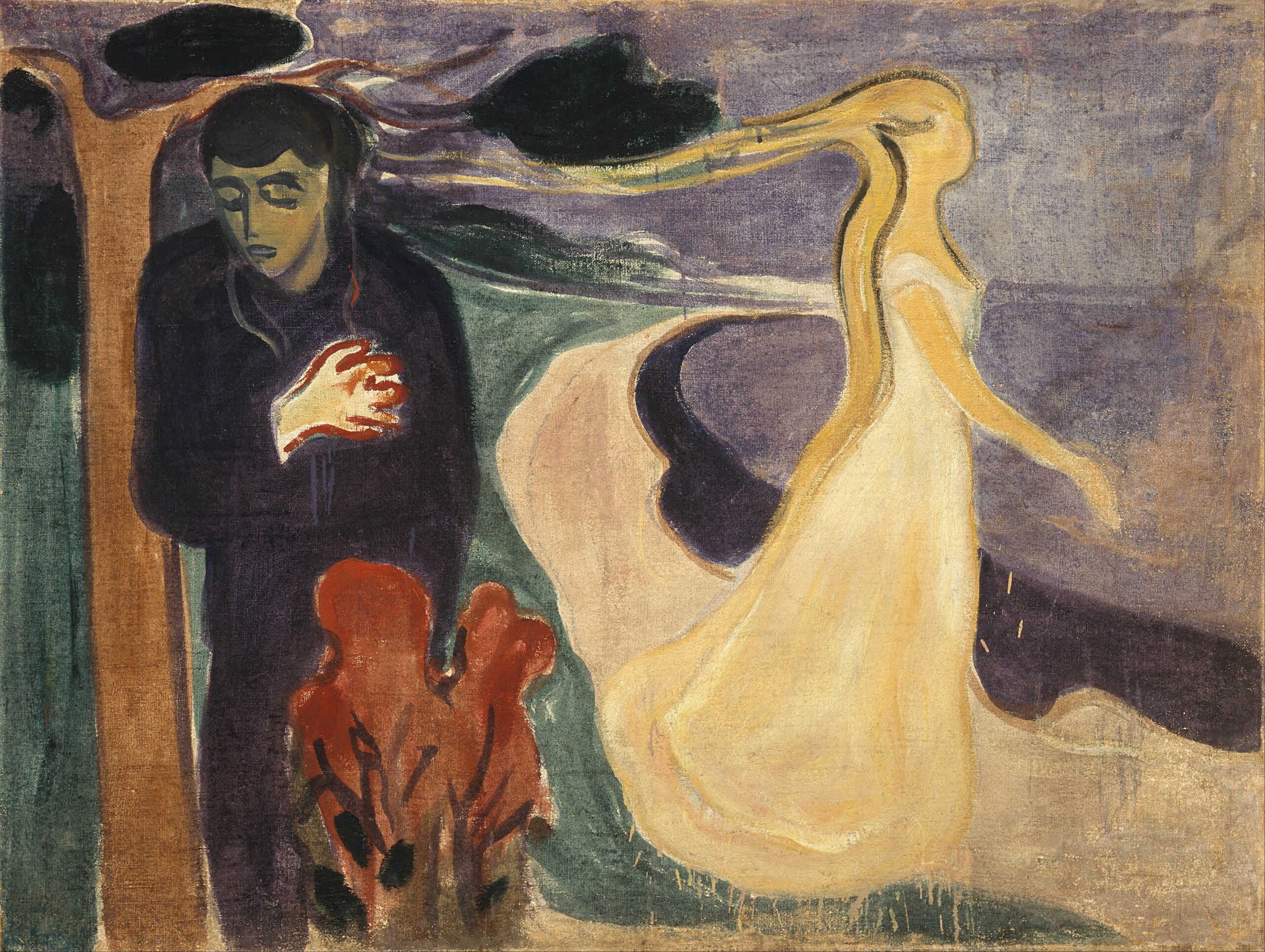 Huile sur toile de Munch intitulée « Séparation » , on voit un homme malheureux à gauche et une silhouette de femme à droite qui s'éloigne de lui. Le décor semble être une plage.