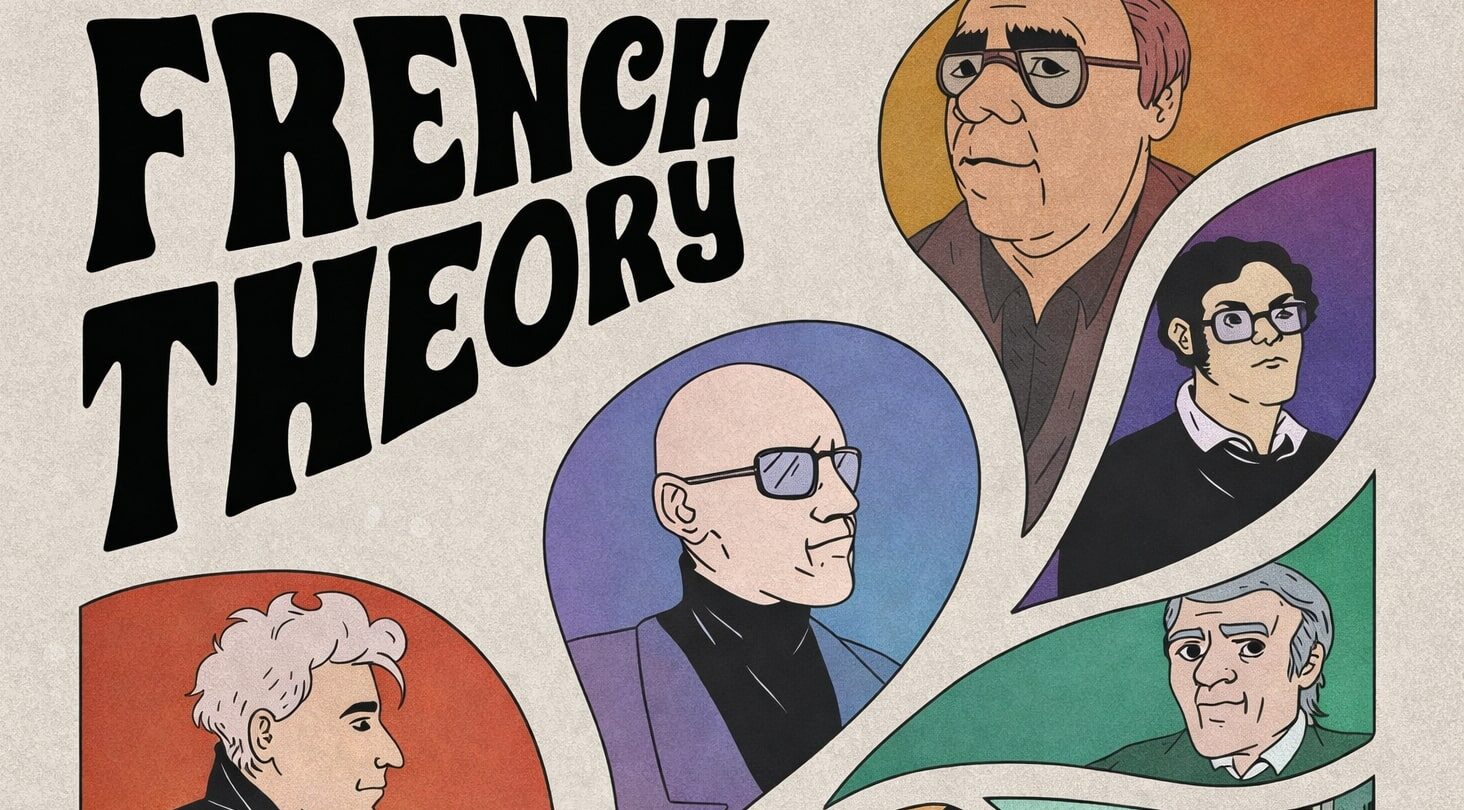 Détail de la couverture de l’album de bande dessinée « French Theory », on voit les visages de Derrida, Foucault, Deleuze, Guattari