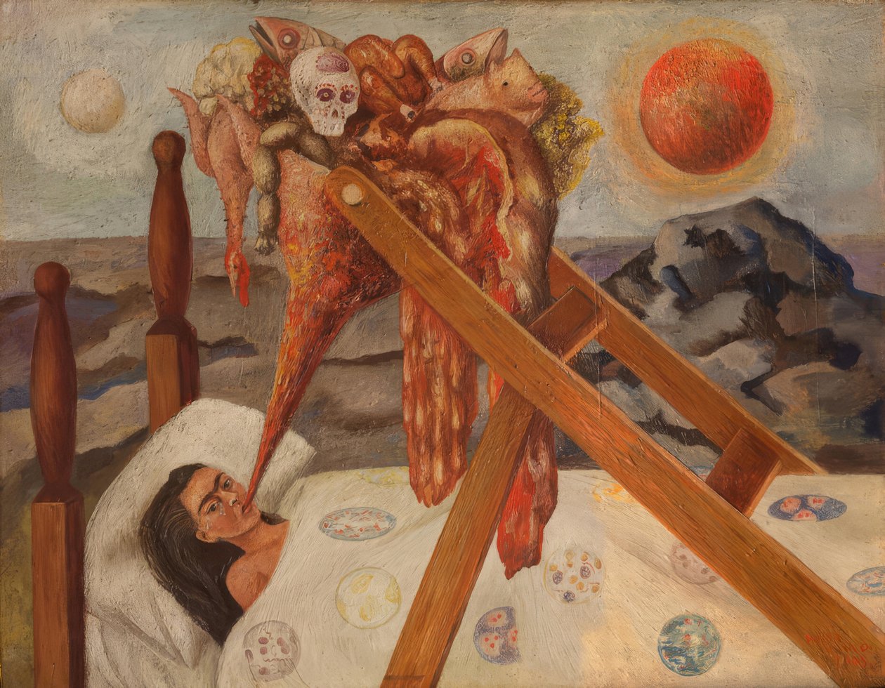 Peinture de Frida Khalo, « Sans espoir », on voit une femme allongée dans un lit avec des animaux morts qui tombent dans sa bouche, au fond il y a des rocher, le soleil et la lune.